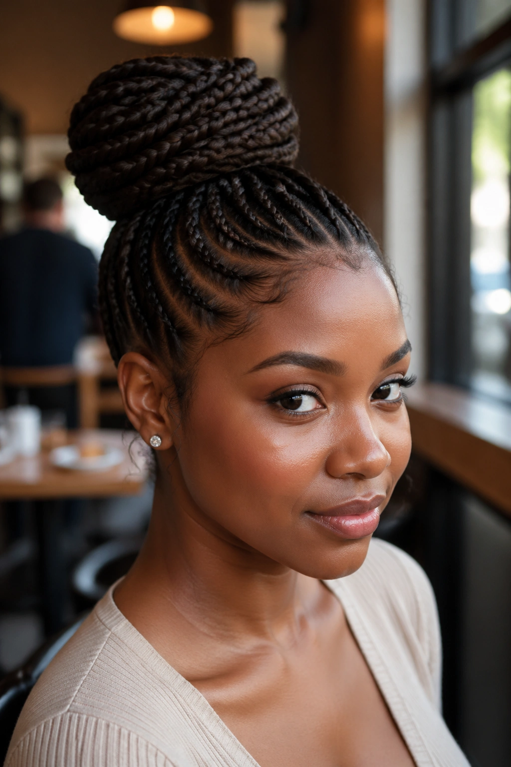 Close-up of a woman with a braided bun updo