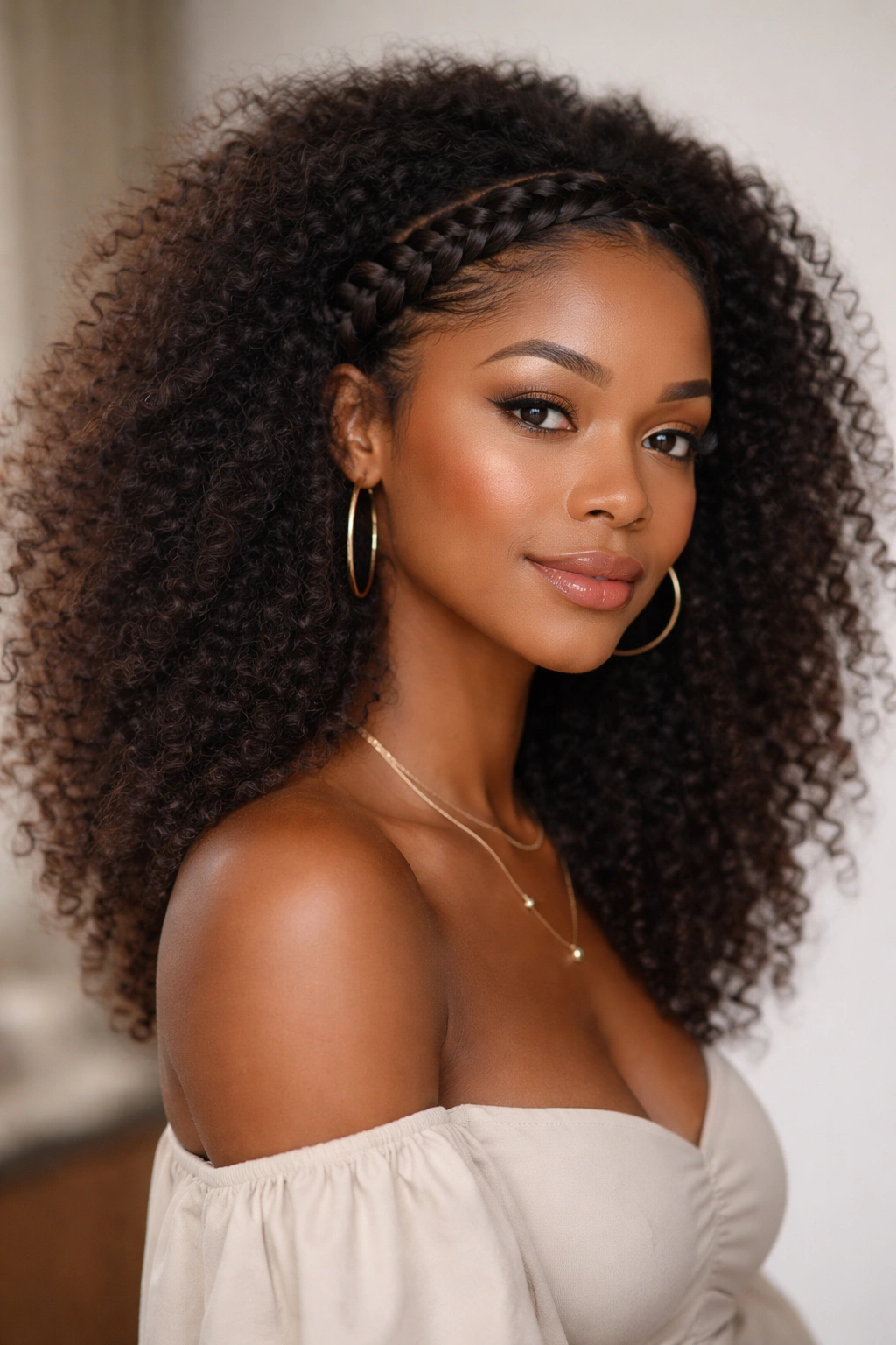 Diagonal front crown braid with loose voluminous afro underneath.