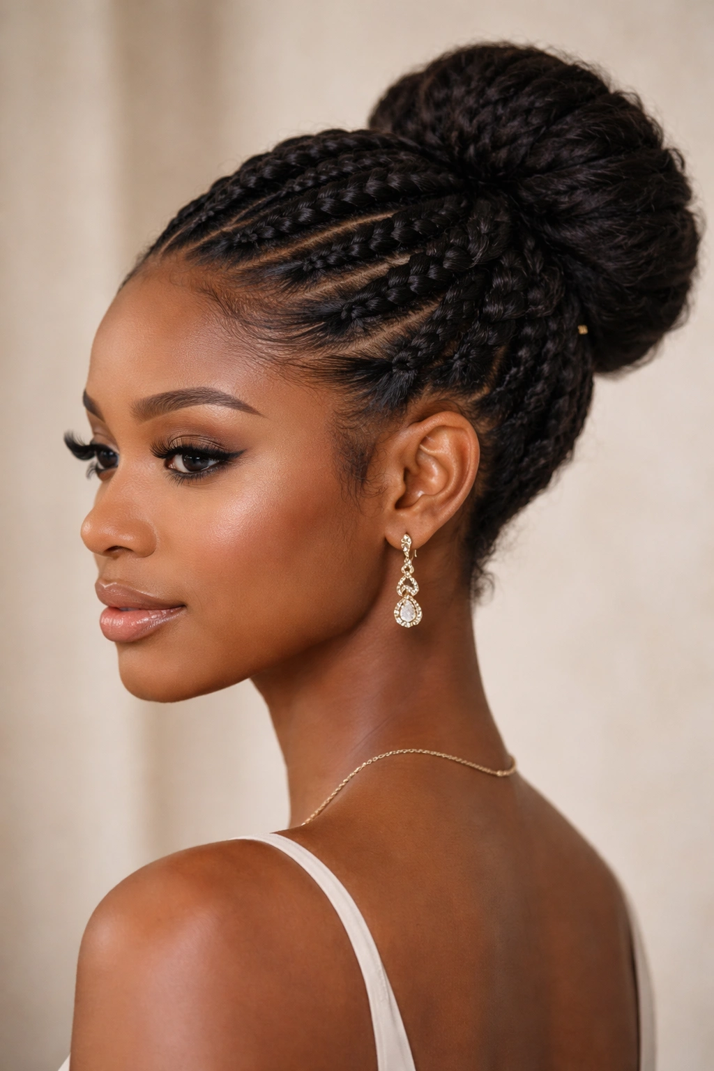 Braided crown bun with braids framing a structured bun