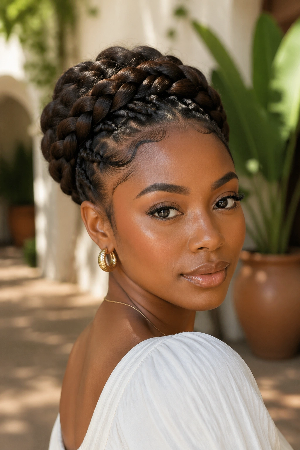 Close-up of a real woman with a braided crown bun outdoors.