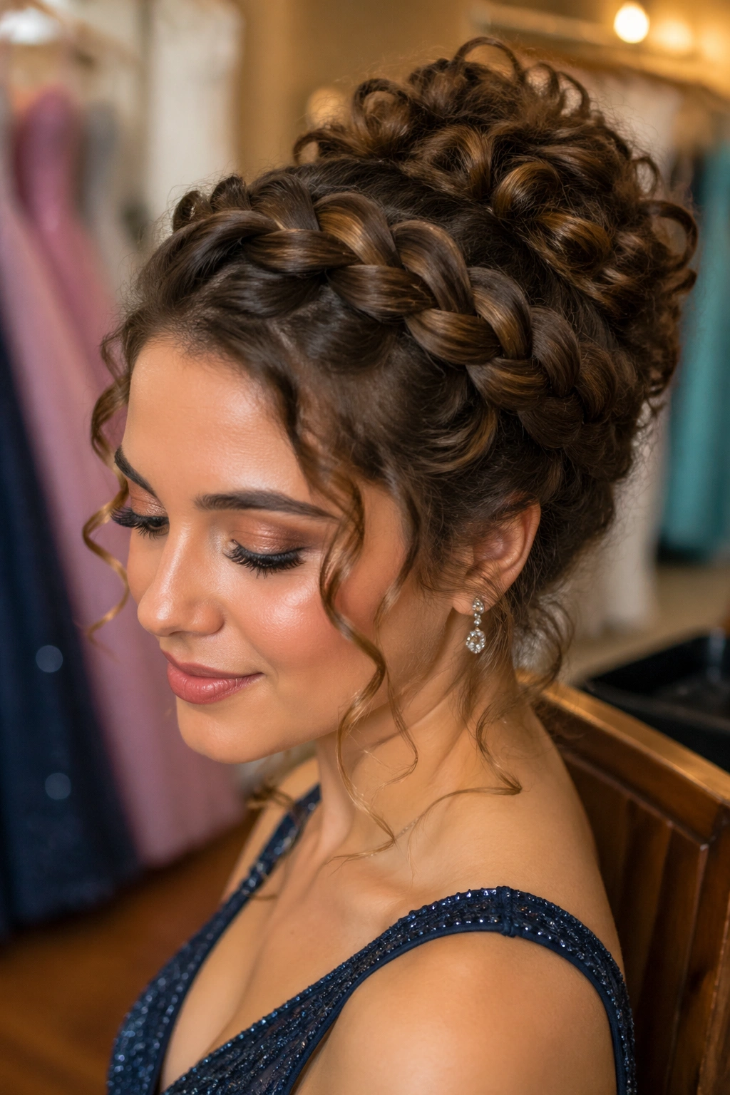 Close-up of a real woman with a braided crown curly bun.