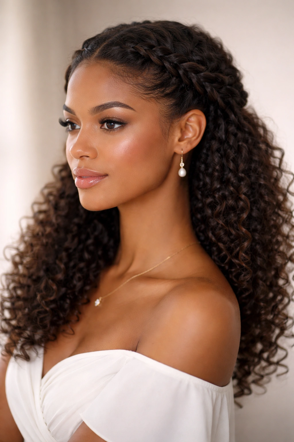 Braided crown with curly ends and two front braids