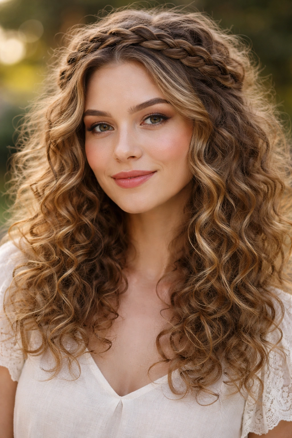 Braided crown framing curly hair with loose texture