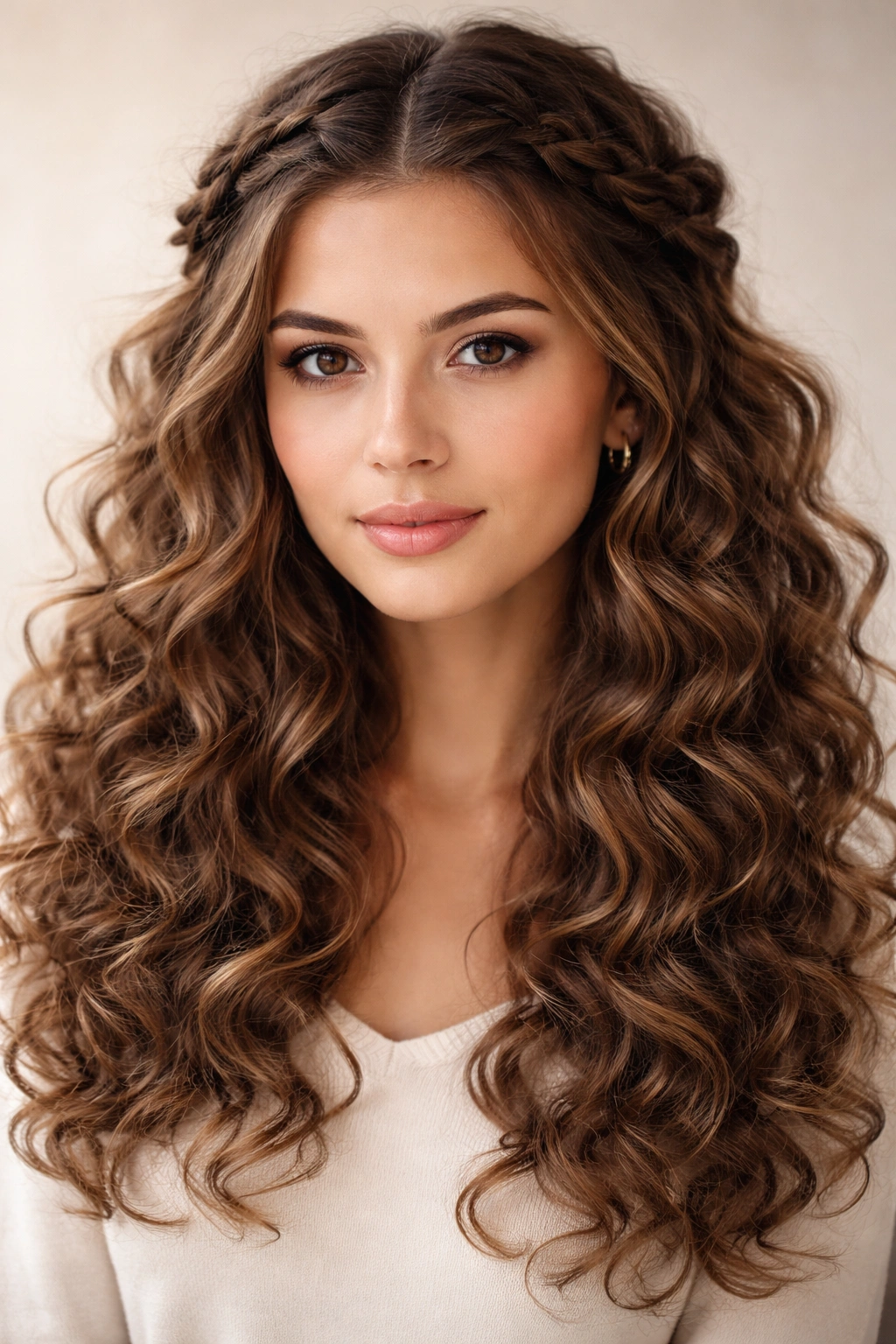 Close-up of a braided crown with loose curls framing the face