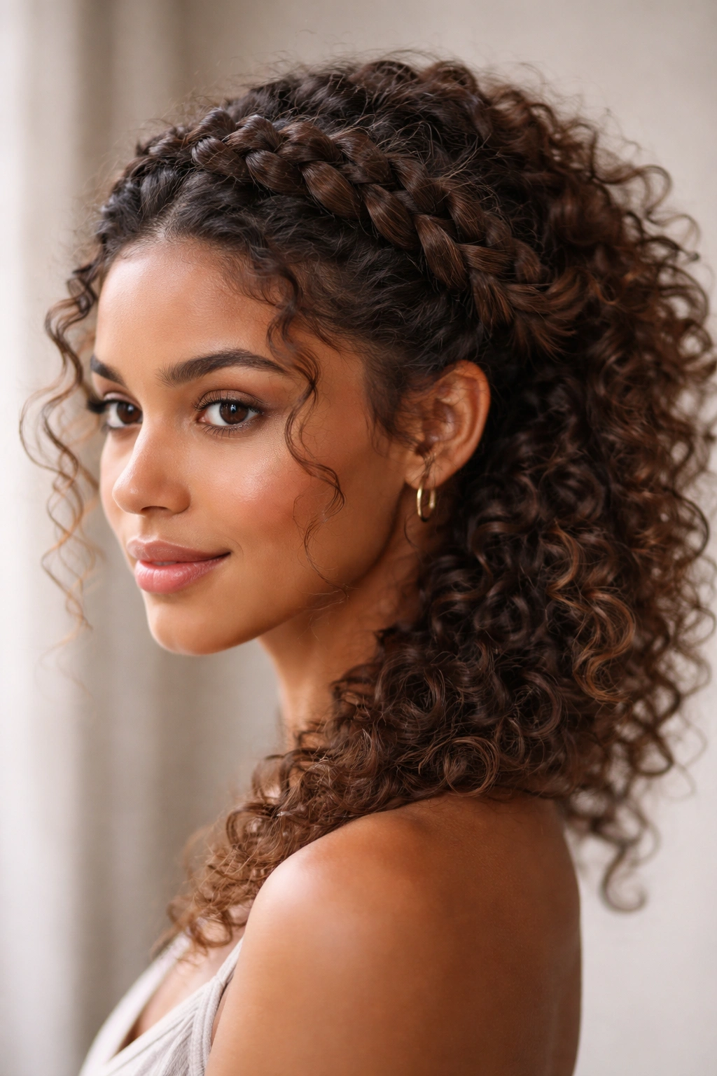 Crown braid encircling the head with curls