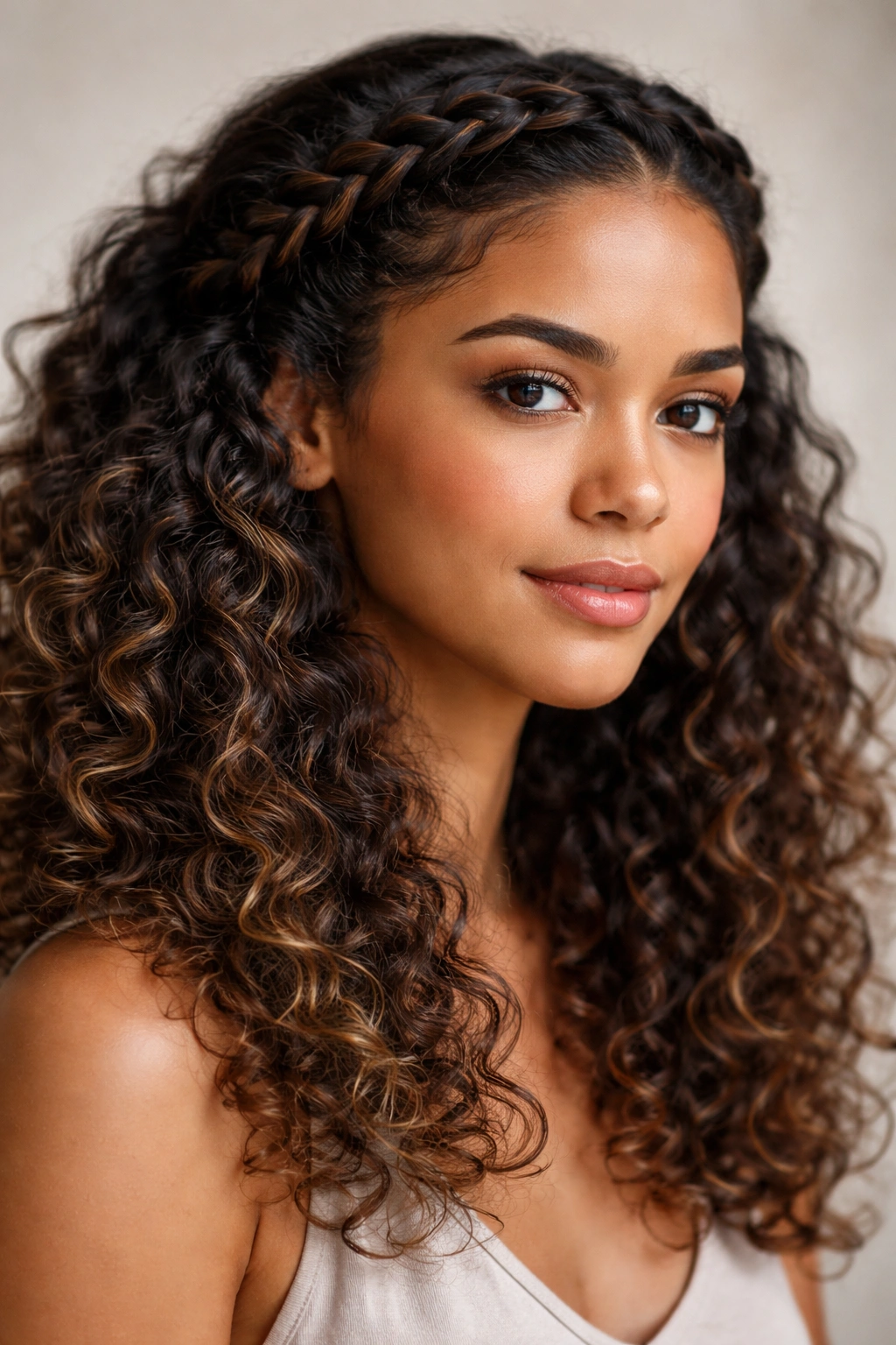 Braided crown along the hairline transitioning into loose curls at the back.