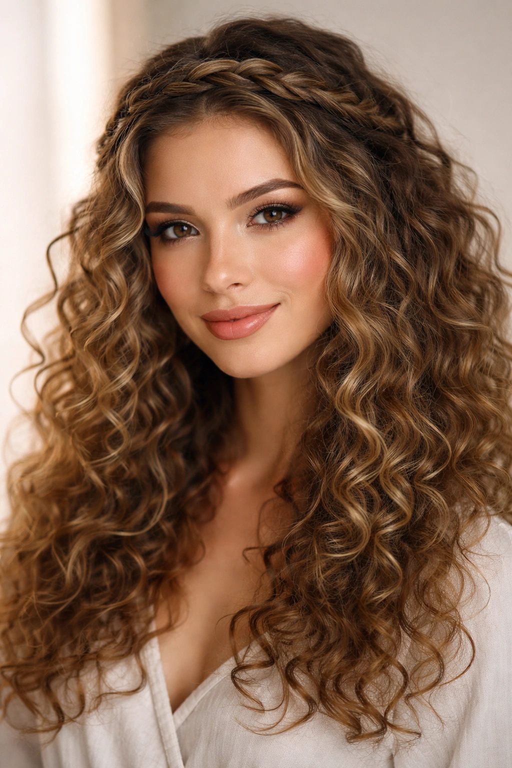 Braided crown over loose curls hairstyle with face framing movement