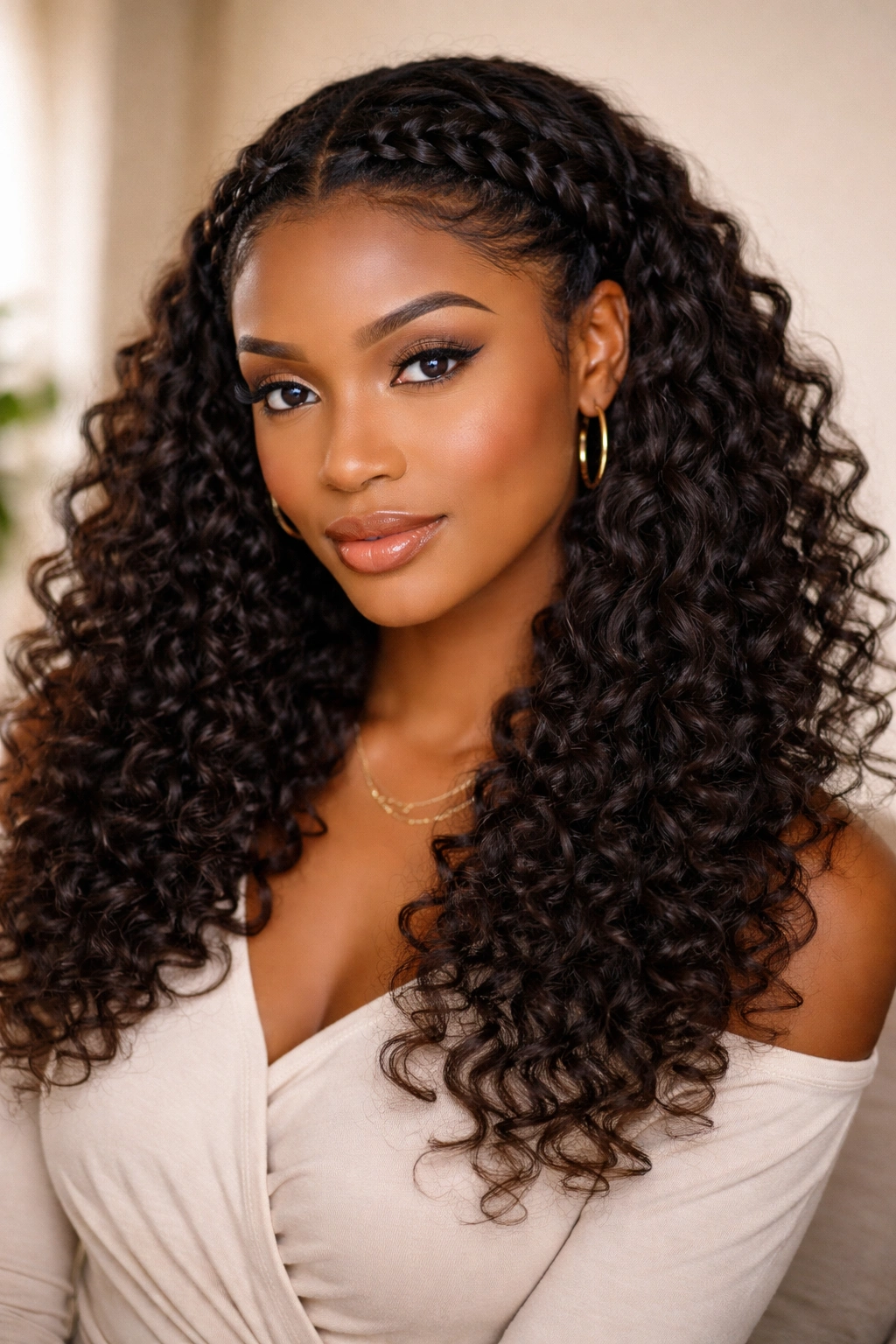 Braided crown over curls with clip-ins tucked under the braid