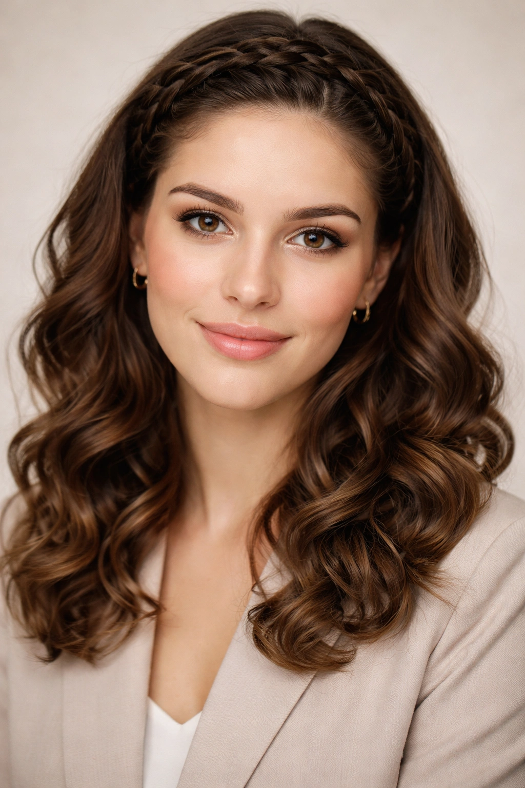Close-up of braided crown with loose curls for a professional interview hairstyle
