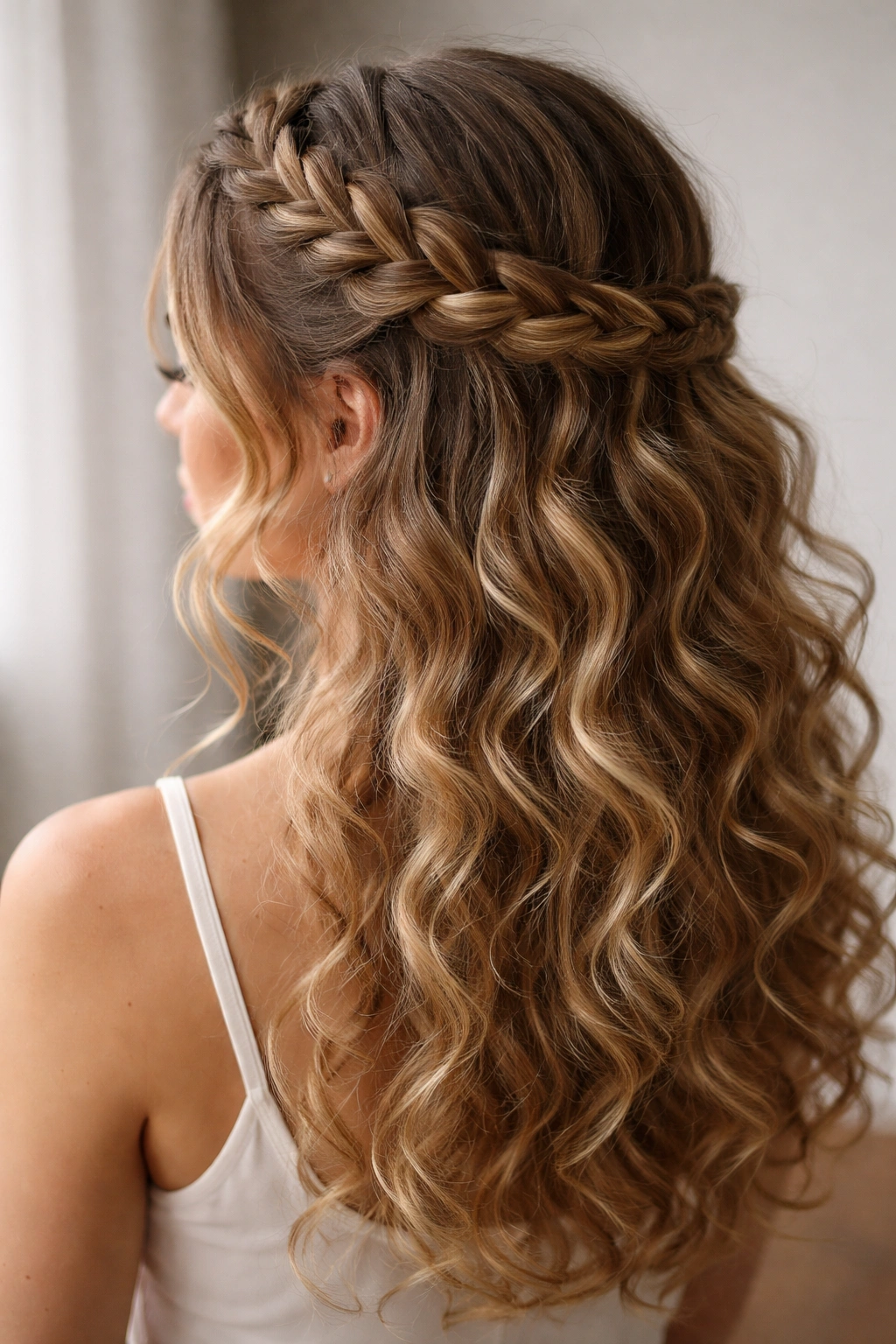 Braided crown with open curls on curly hair