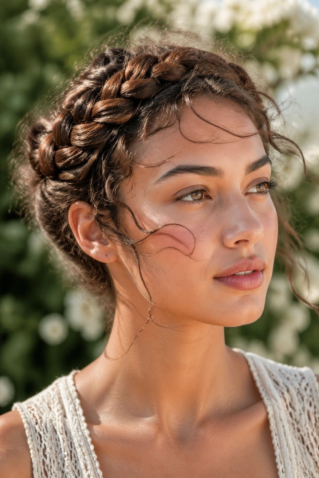 Braided crown on a real woman with two braids forming a crown against windy outdoor backdrop