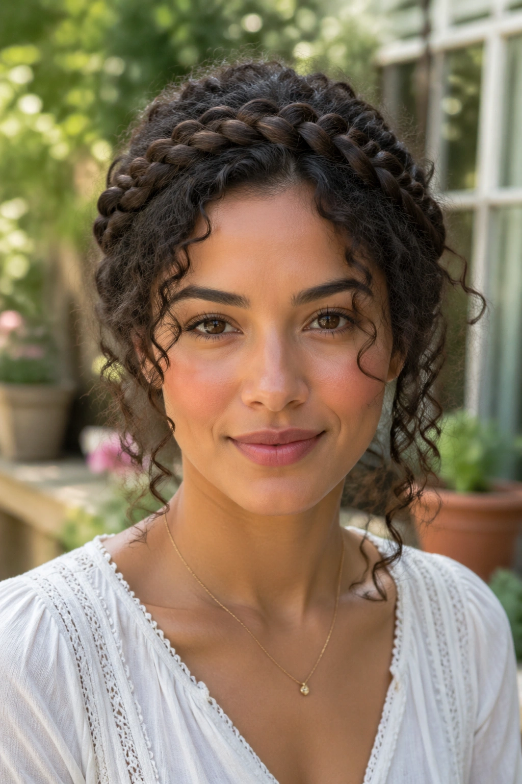 Front portrait of a woman wearing a braided crown with curls around the face