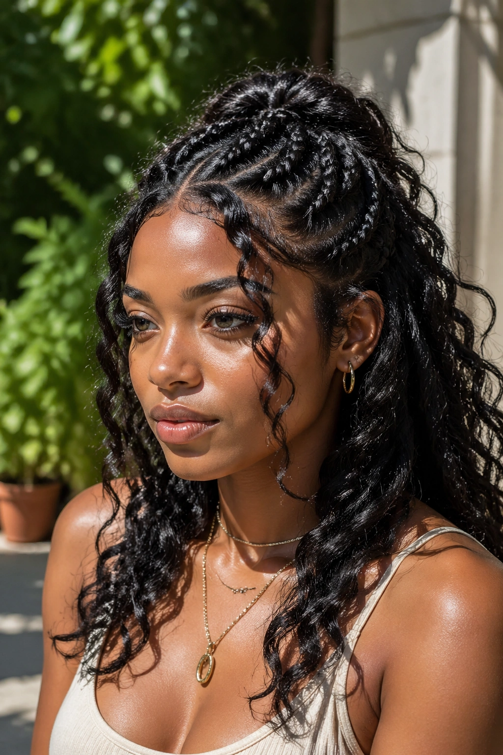 Close-up portrait of a real woman wearing a braided crown half-up with face-framing layers.