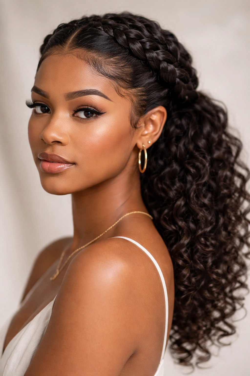 Braided crown with loose curls at the ends