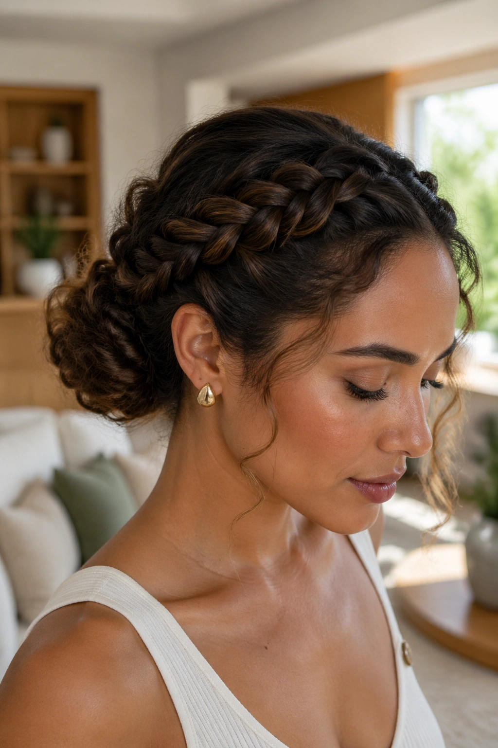 Close-up of real woman with braided crown and low bun