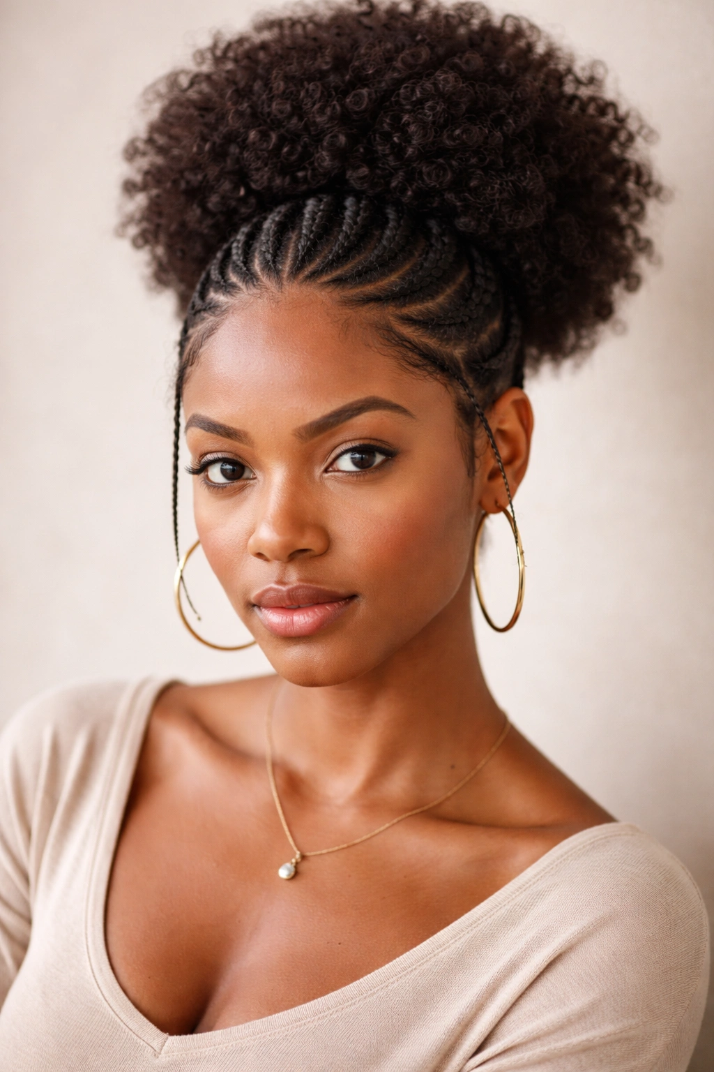 Braided crown puff hairstyle with slim front braids and a medium crown puff