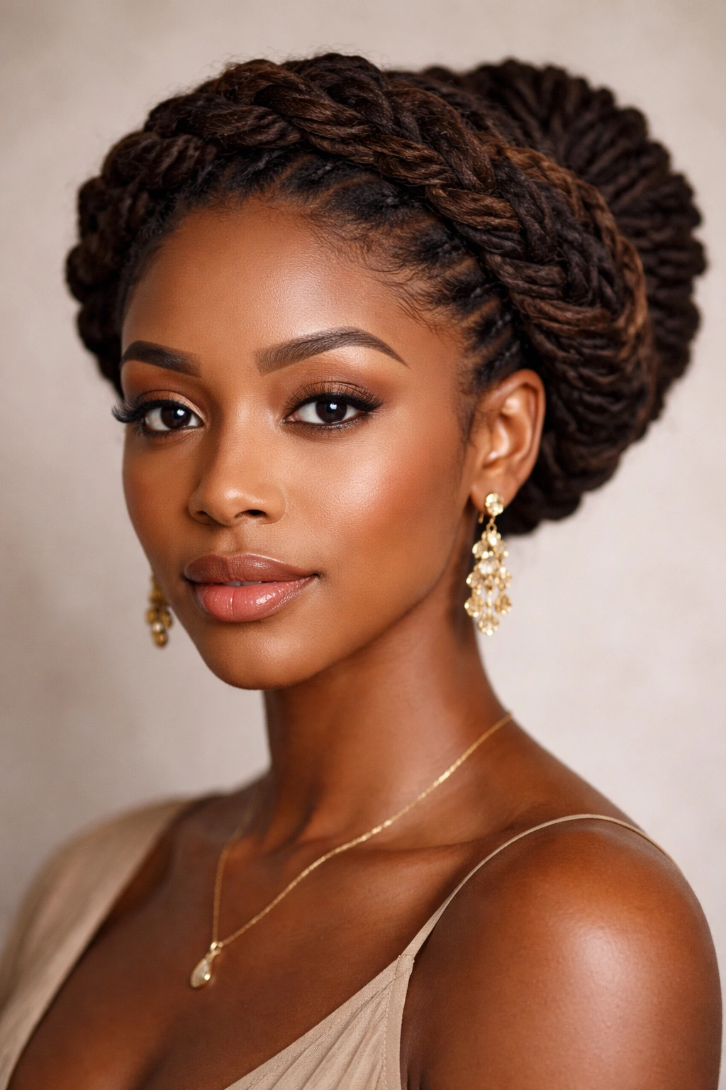 Locs braided into crown around head with rest tucked into crown.