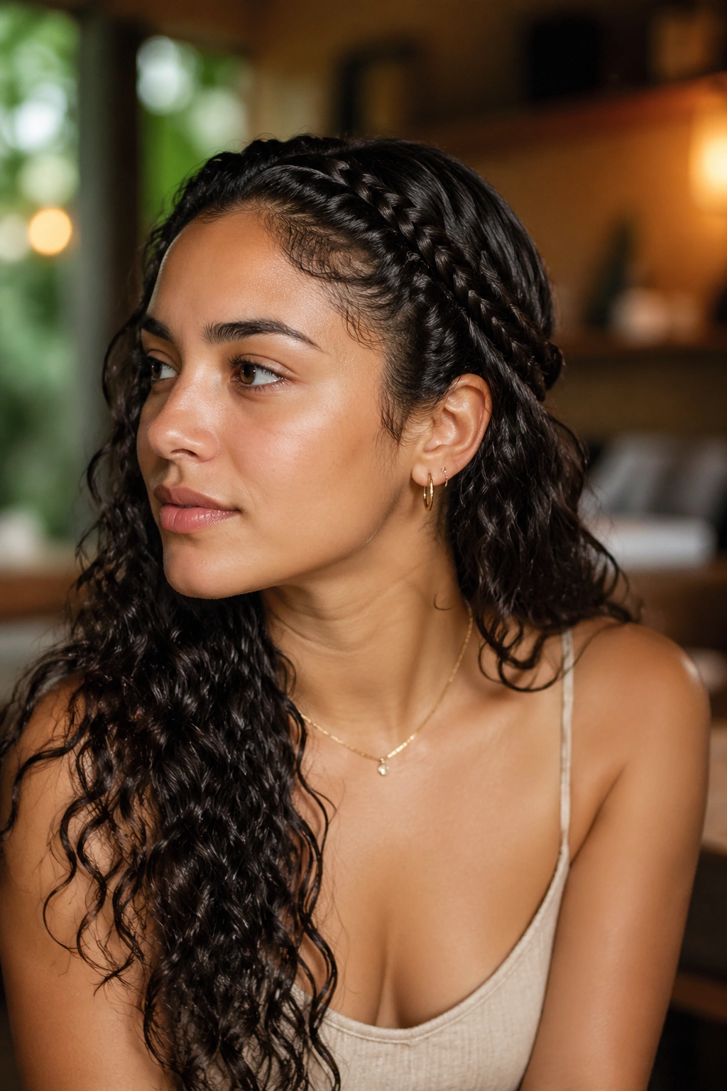 Portrait of a real woman with braided crown and loose curls