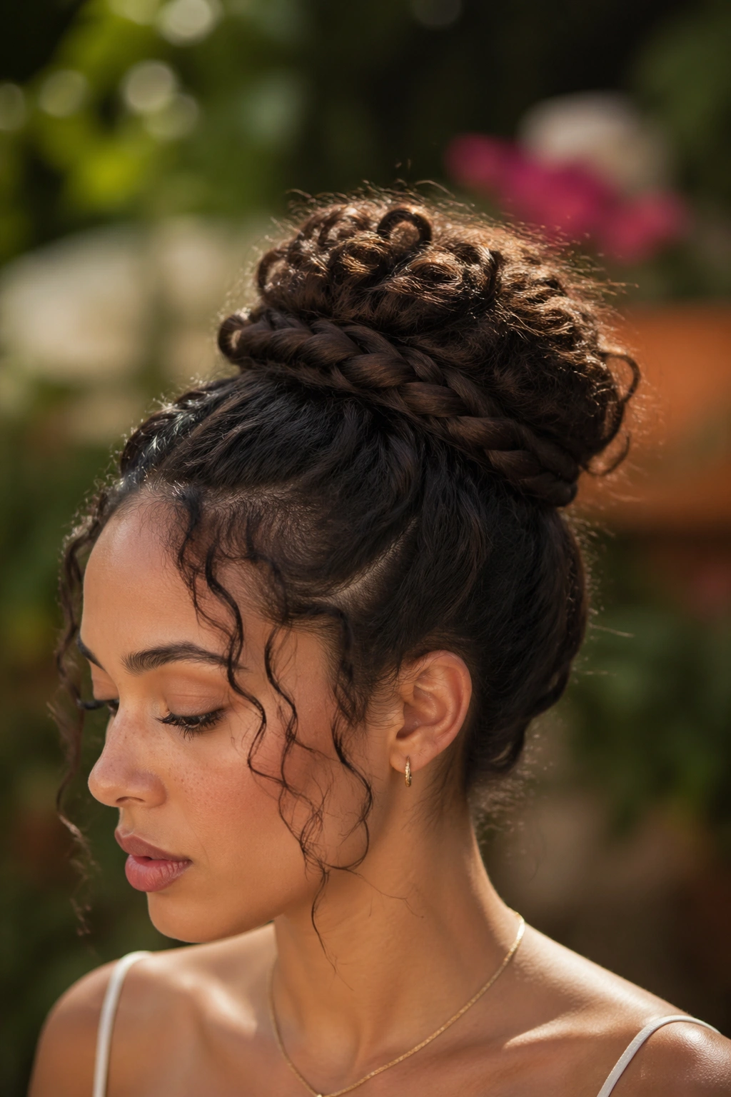 Close-up of a real woman wearing a braided curly bun