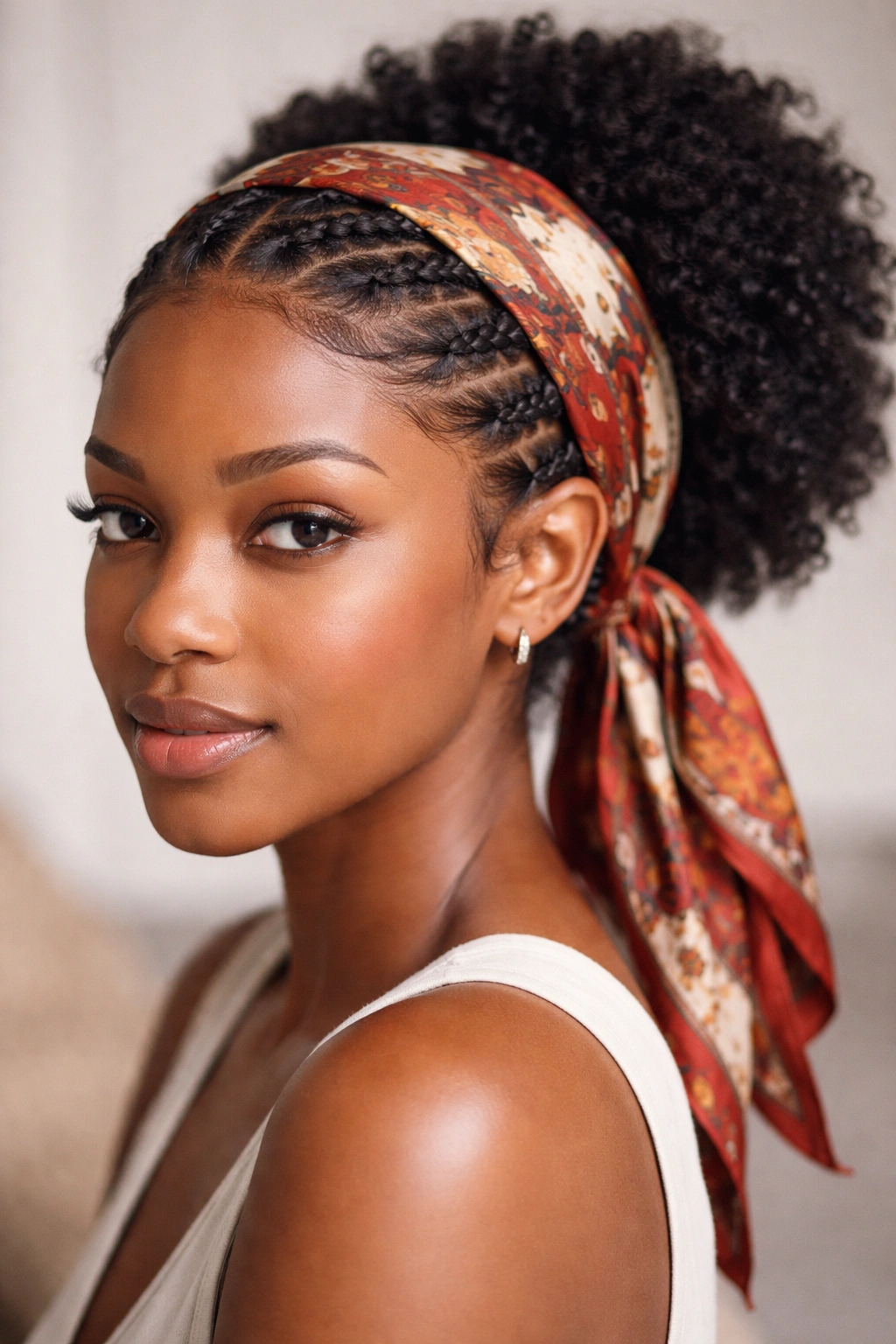 Braided front accent with bandana edge along the hairline and back knot