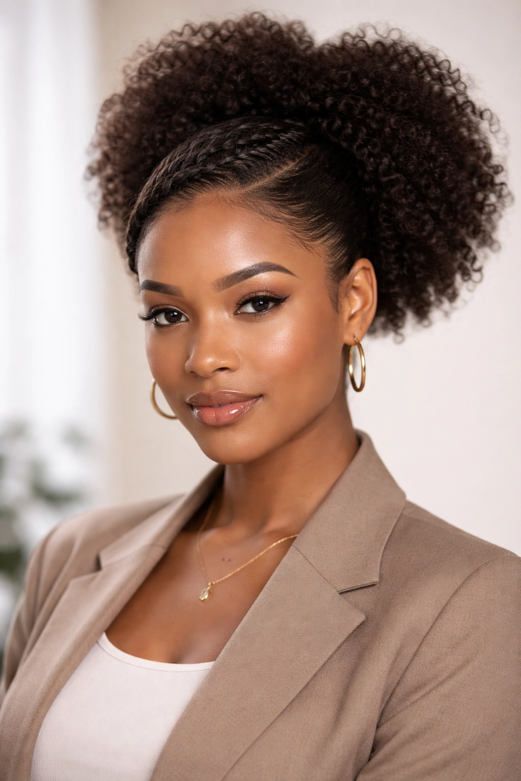 Front braid along hairline leading into a puffed afro ponytail