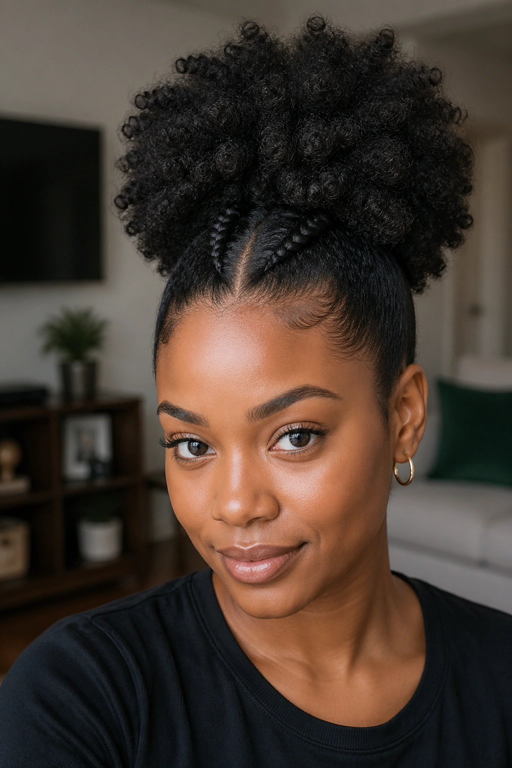 Close-up portrait of a real woman with front braids flowing into an afro puff.