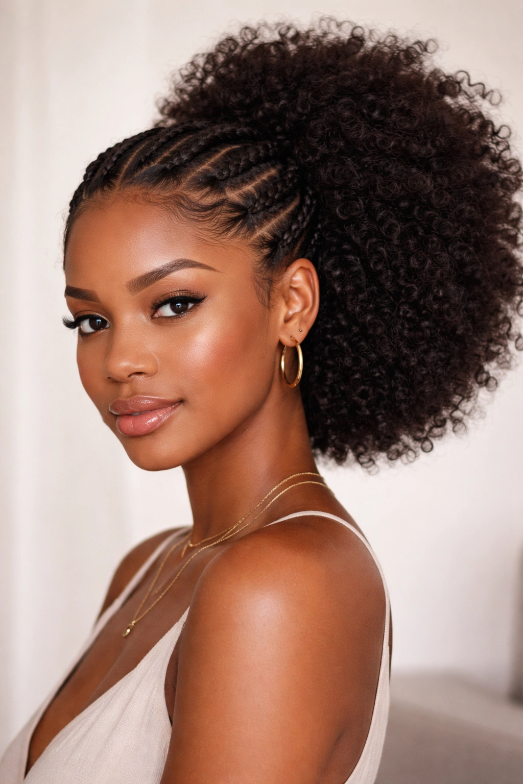 Front-braided Afro with back volume on a model, showcasing open face silhouette.