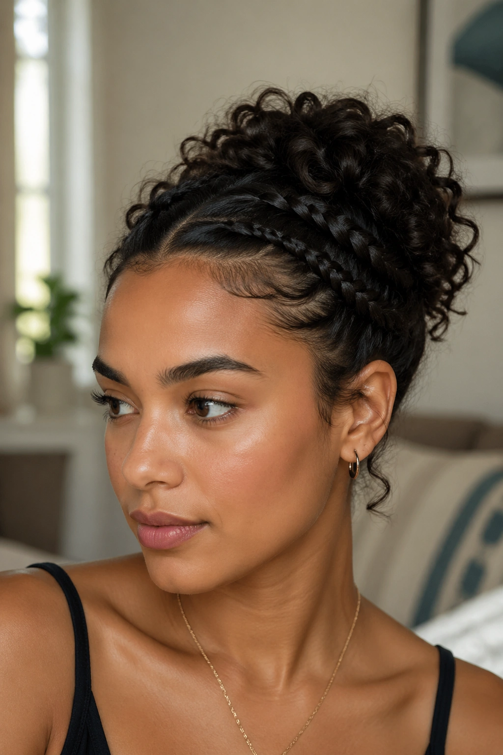Close-up of braided-front curly updo hairstyle on real person