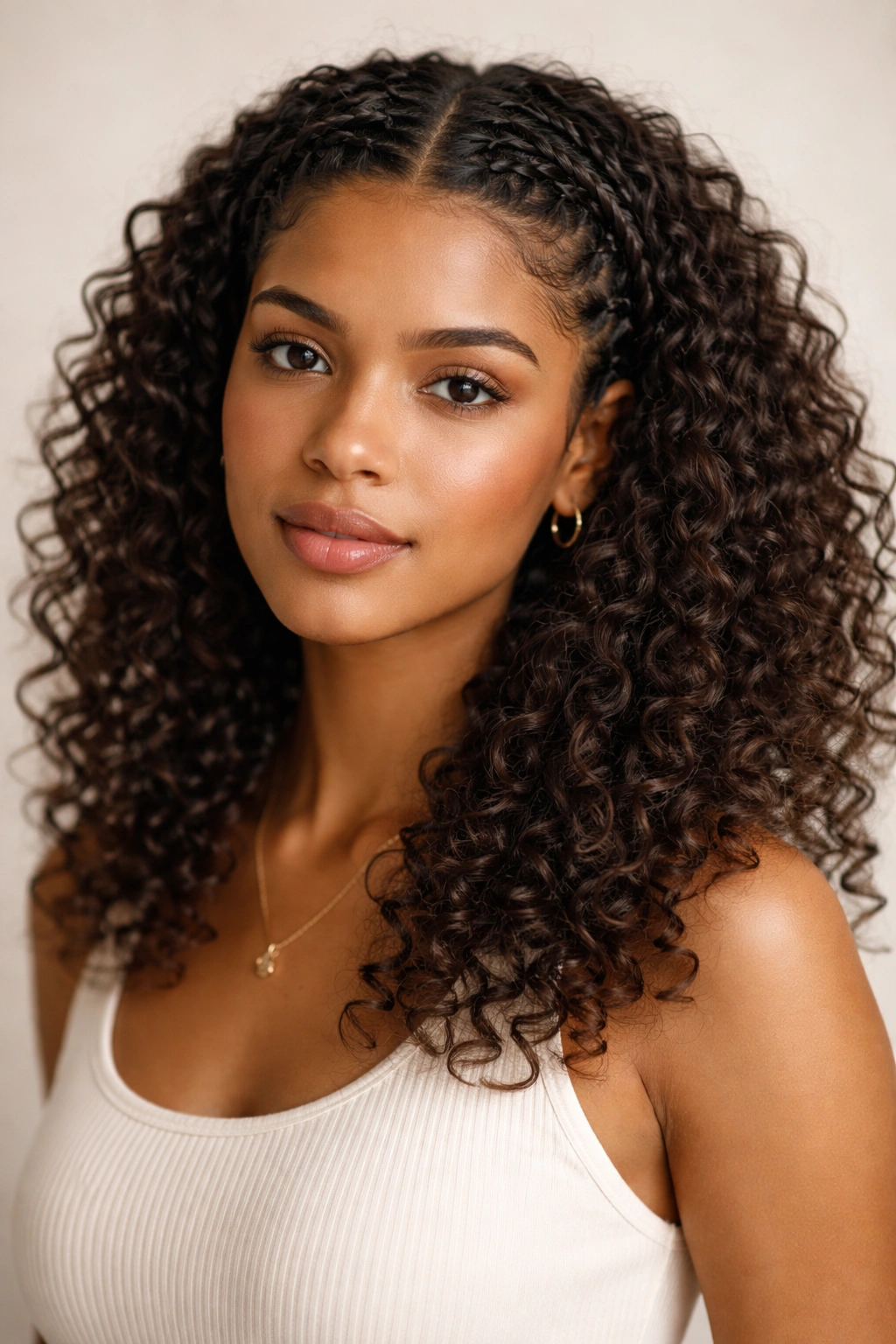 Two small front braids with a loose back of curls