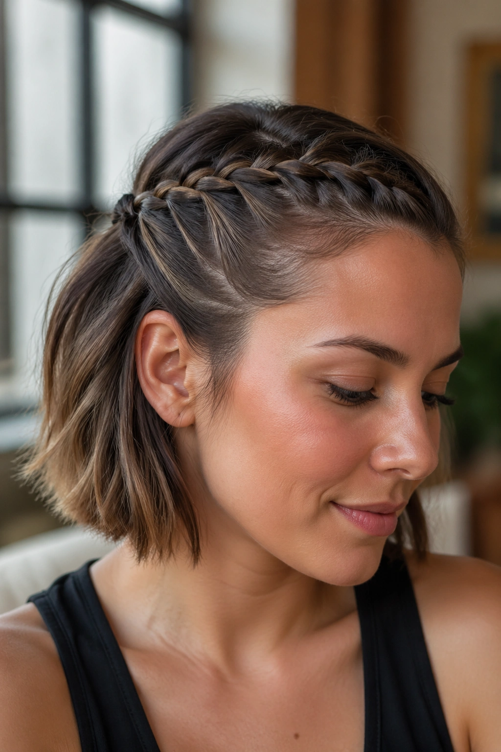 Close-up of braided half-up accent along the hairline on a short bob