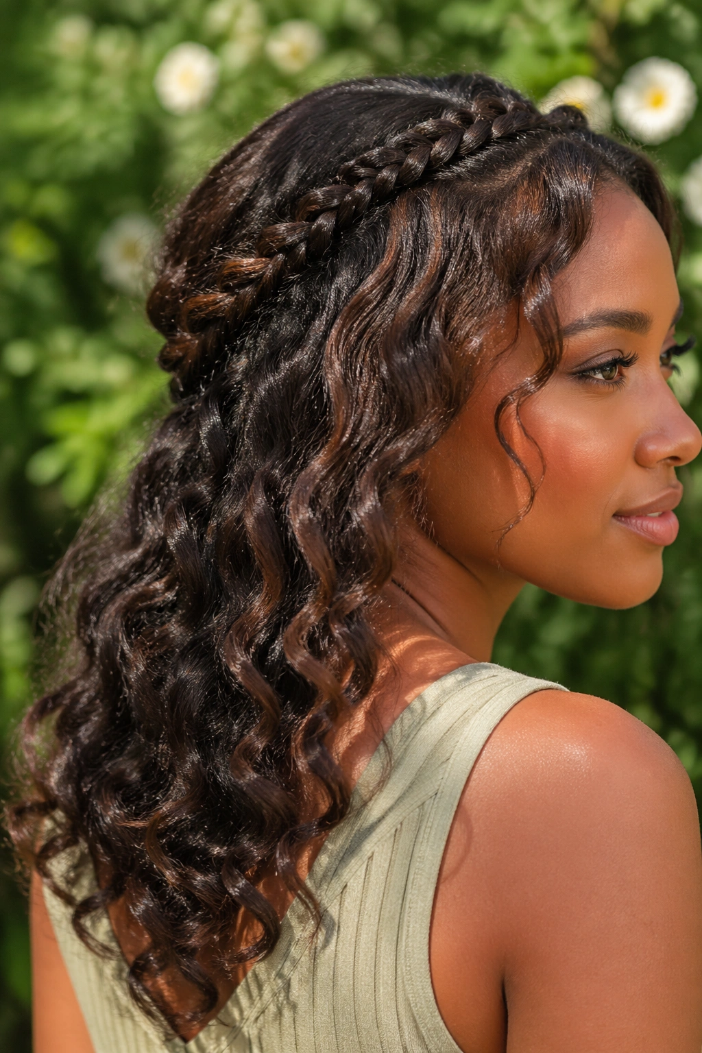 Close-up of a real Black woman with loose curls and braids at the crown.
