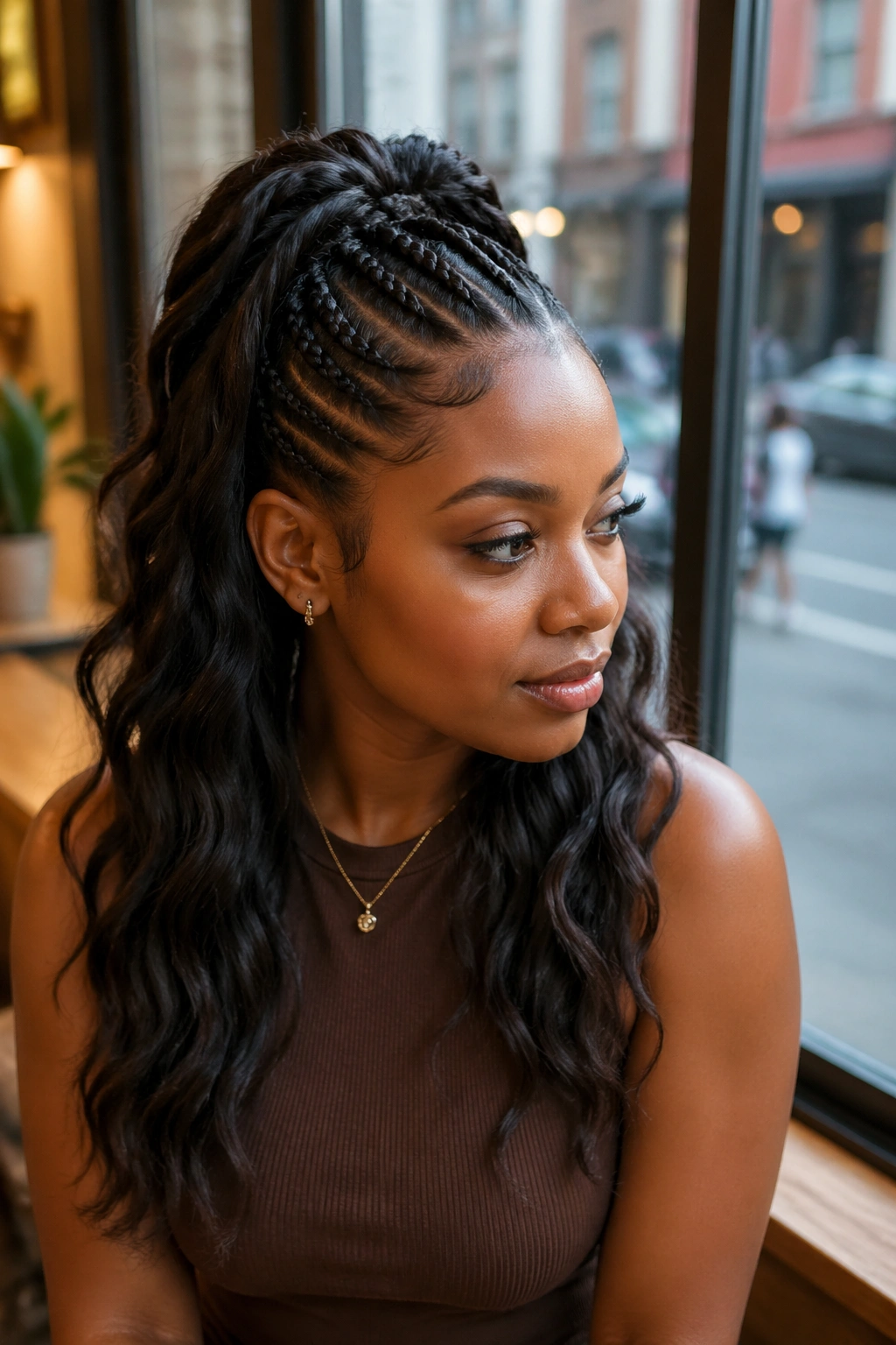Close-up portrait of a woman with braided sections in a half-up half-down style
