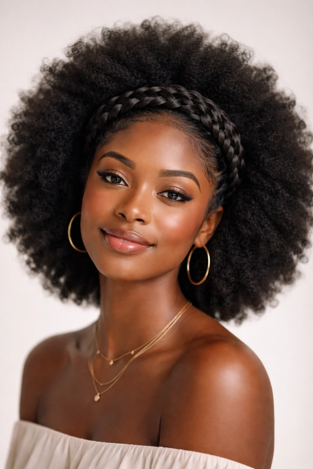 Braided halo around a full afro.
