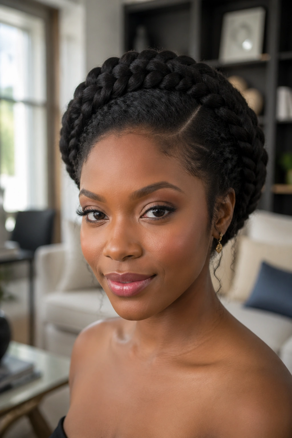 Close-up of a person wearing a braided halo Afro with a soft side part
