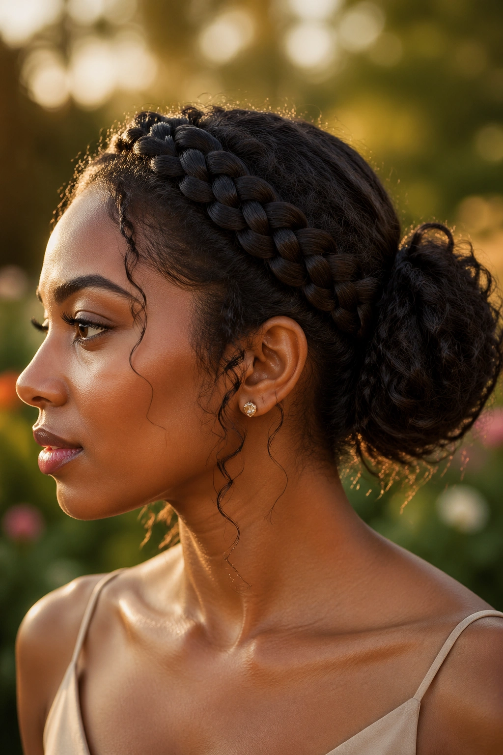Close-up of a real woman with a braided halo and curly bun outdoors at golden hour.