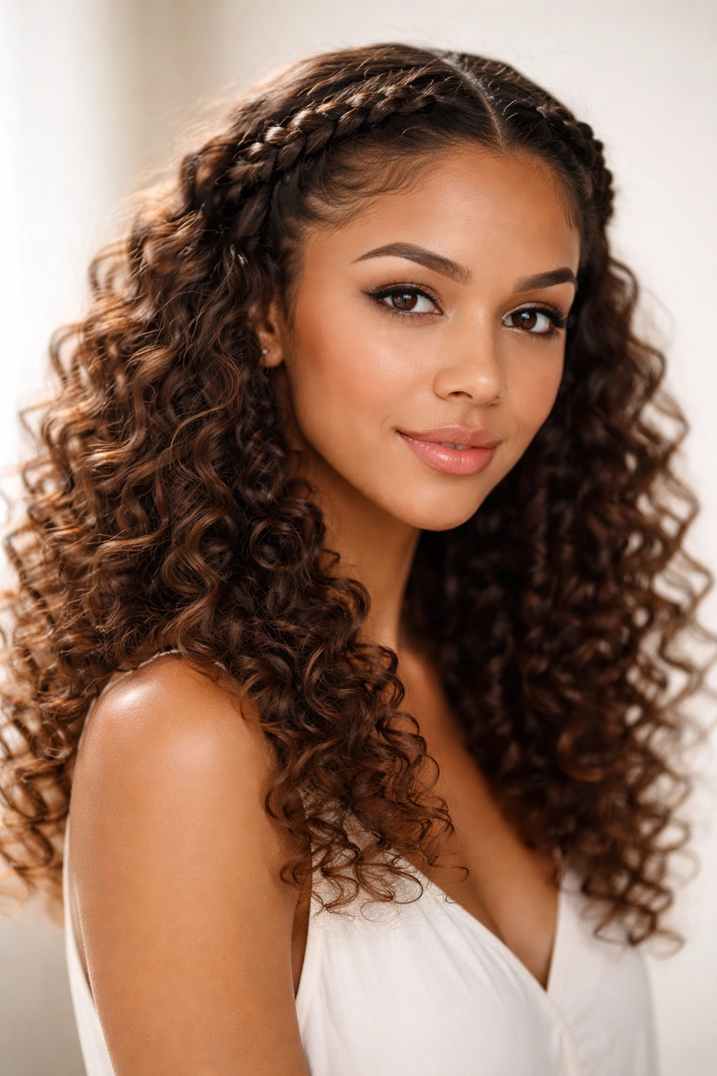 Braided halo with loose curls framing the face