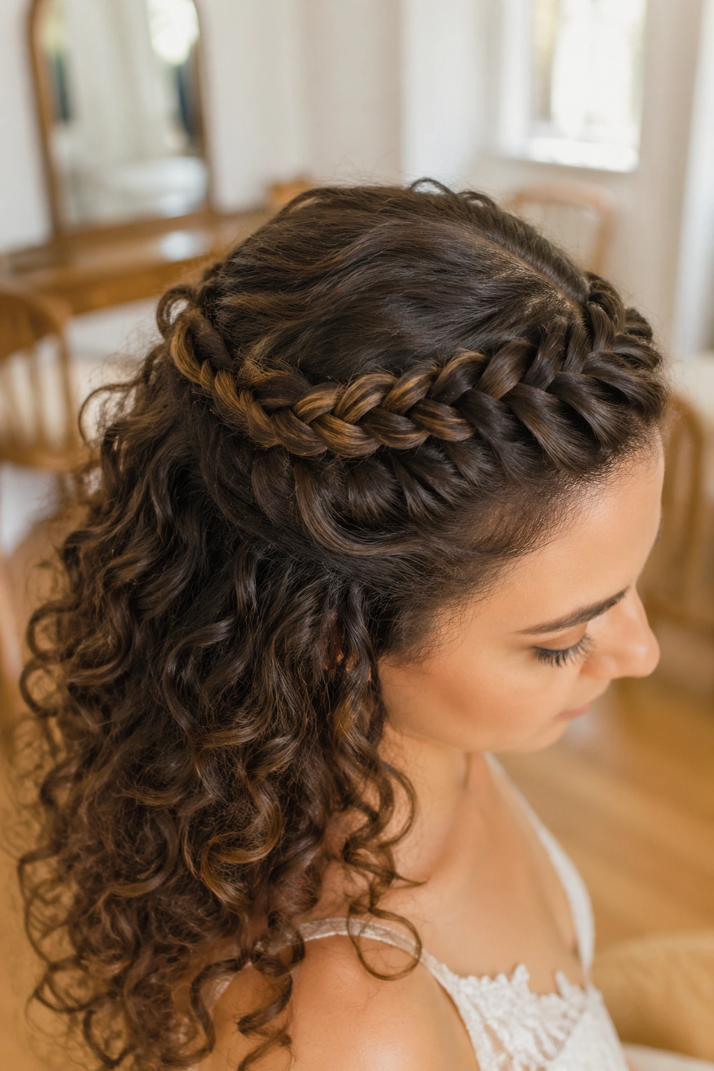 Close-up of a bride with a braided halo half-up for curly hair
