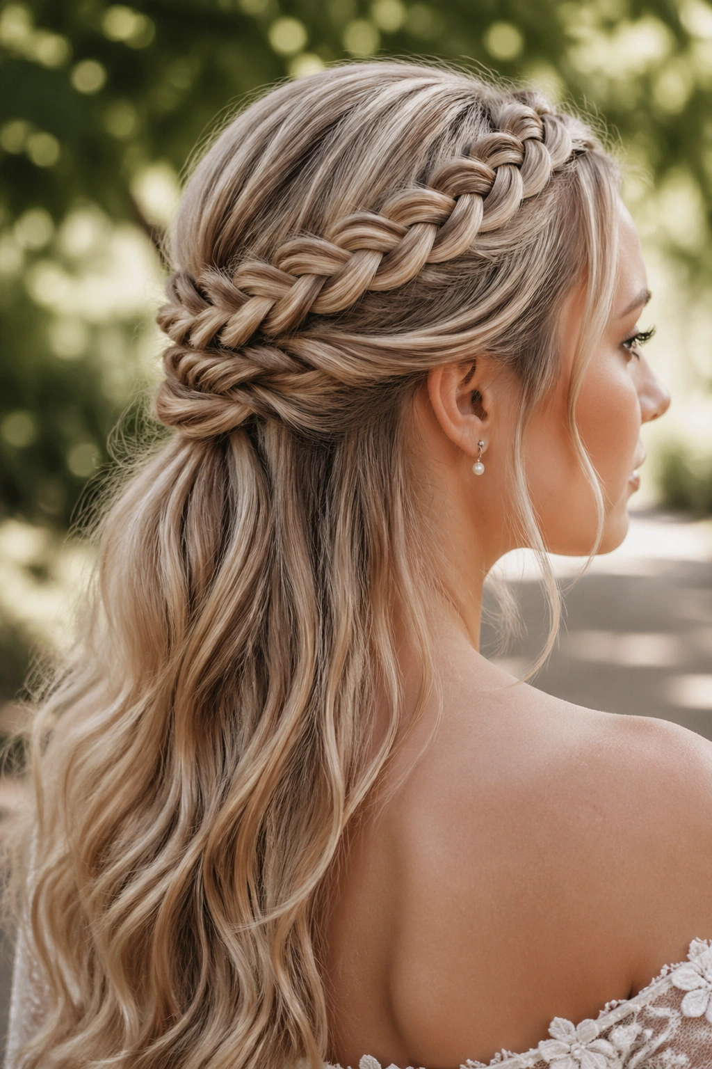 Bride with halo braids and half-up gathering for an ethereal look.