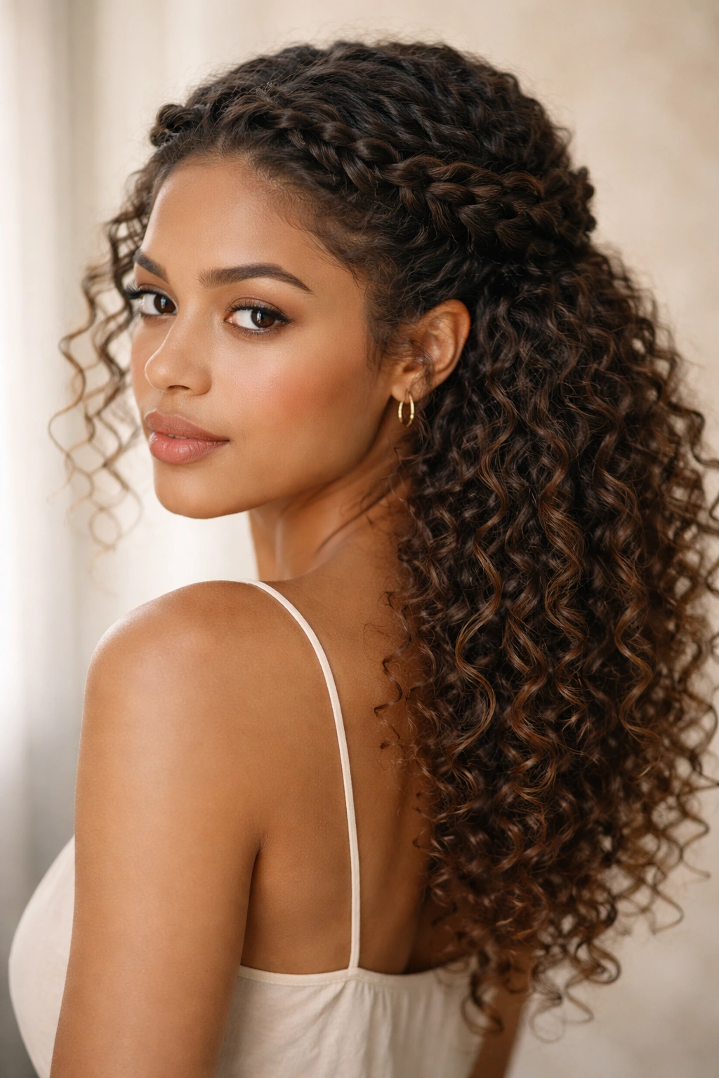 Braided halo behind hairline with loose curls at the back