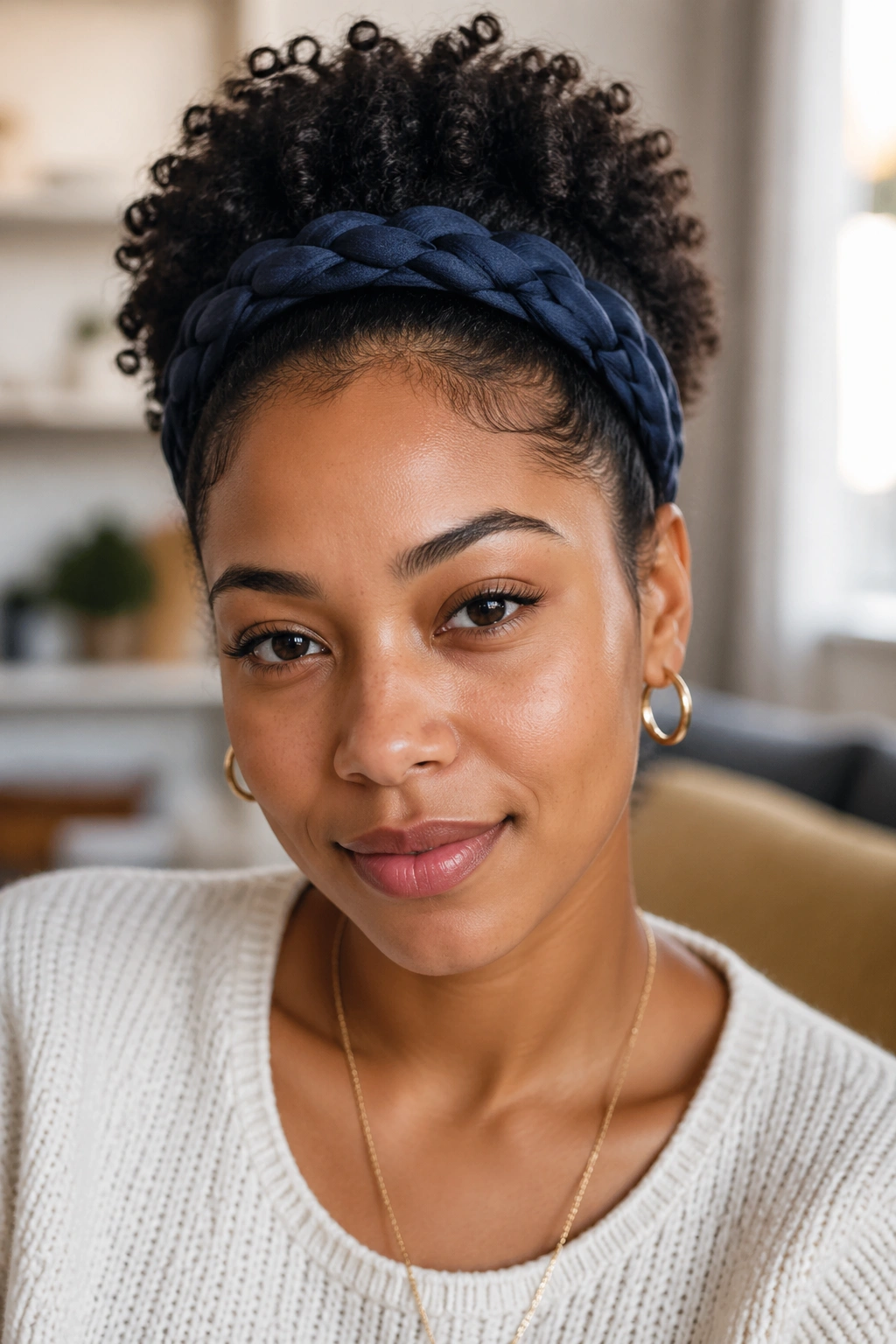 Close-up of a real person wearing a braided fabric headband with curls.