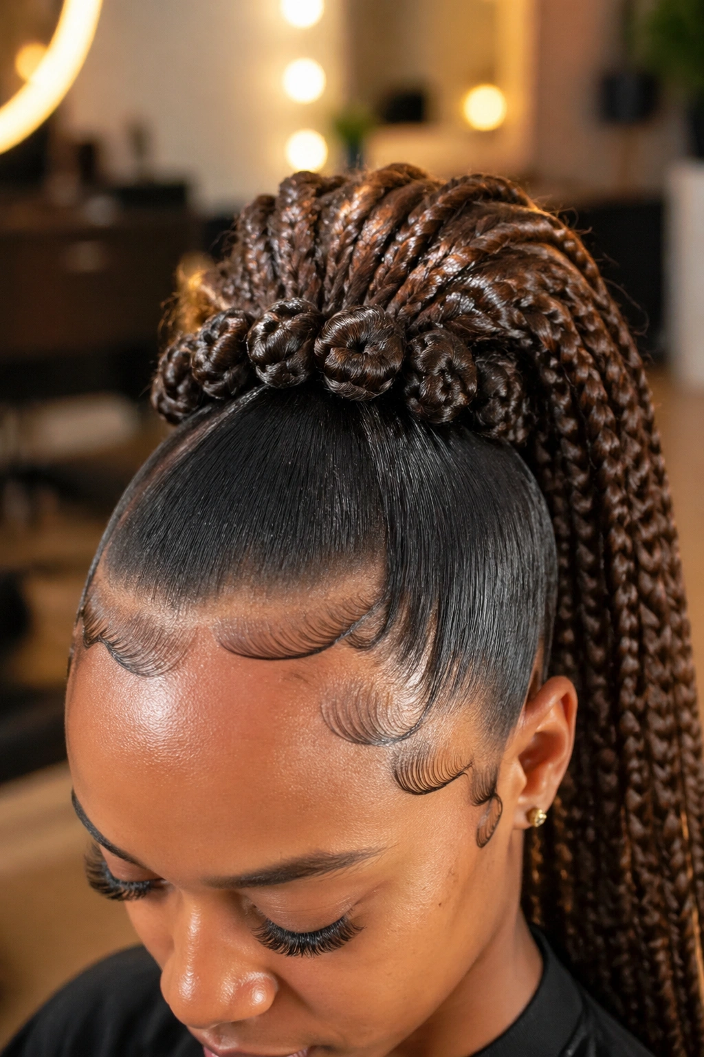 Real woman with braided high ponytail and stacked knots around the base