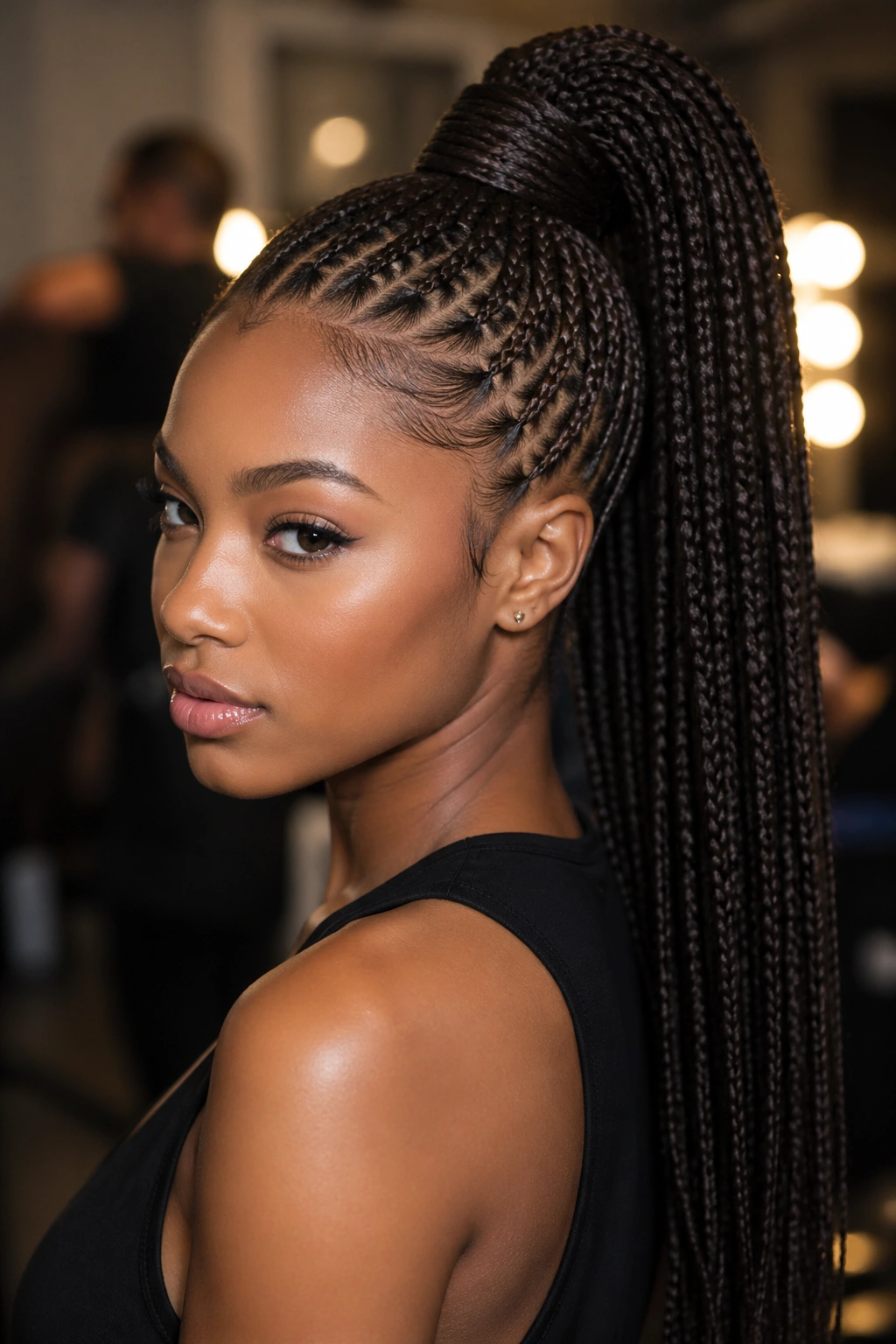 Real person with a braided high ponytail and wrapped base.