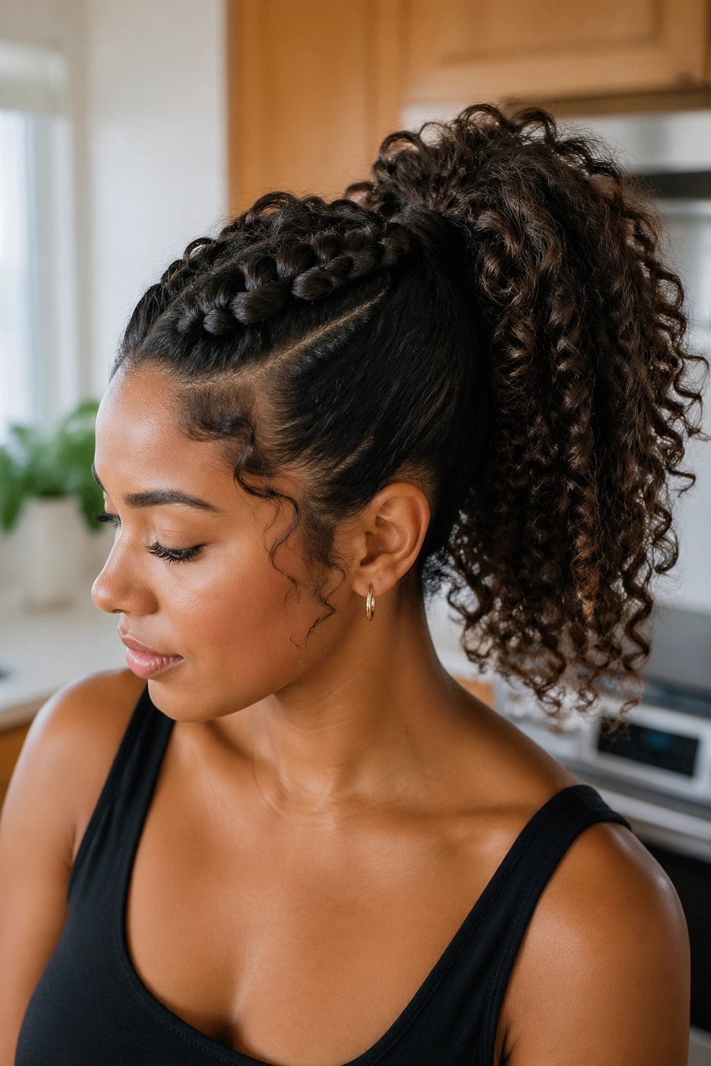 Close-up of a real woman with a braided-into-pony tail look
