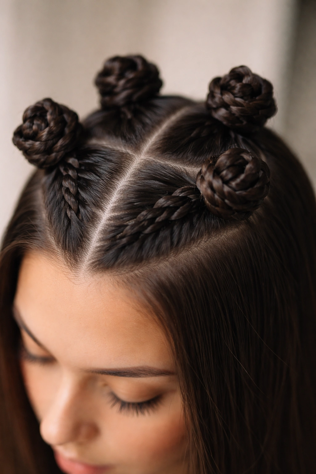 Close-up of braided-base knots on straight hair showing tight braids forming knots