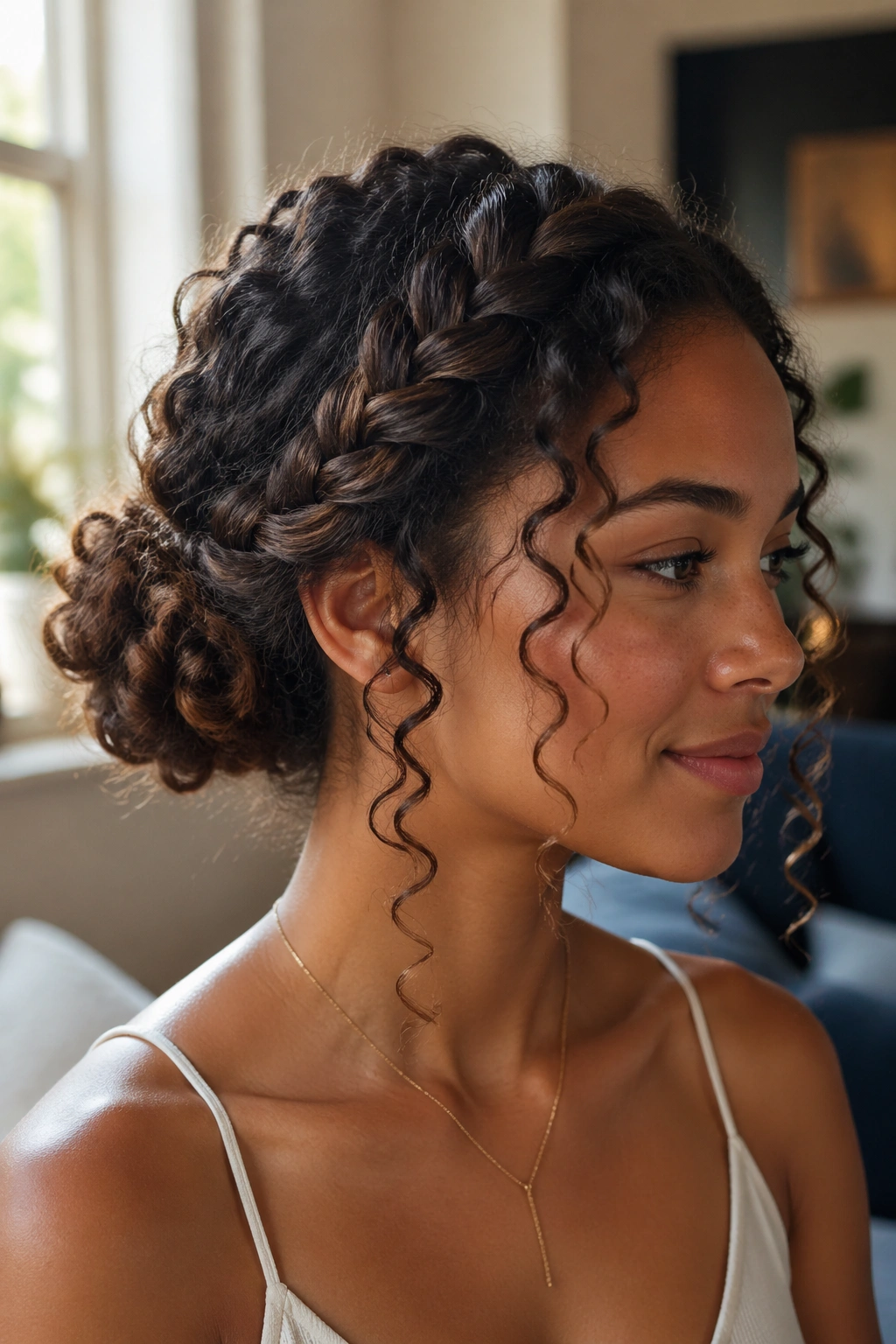 Close-up portrait of a real woman with a braided low bun and loose ringlets around the face