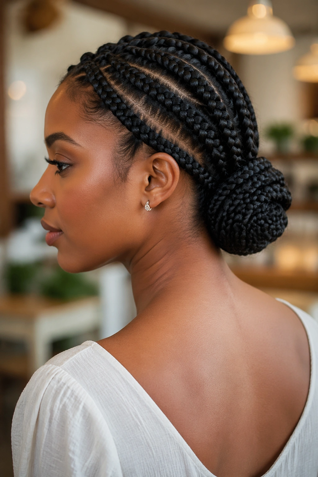 Close-up portrait of a real person with a low braided chignon at the nape