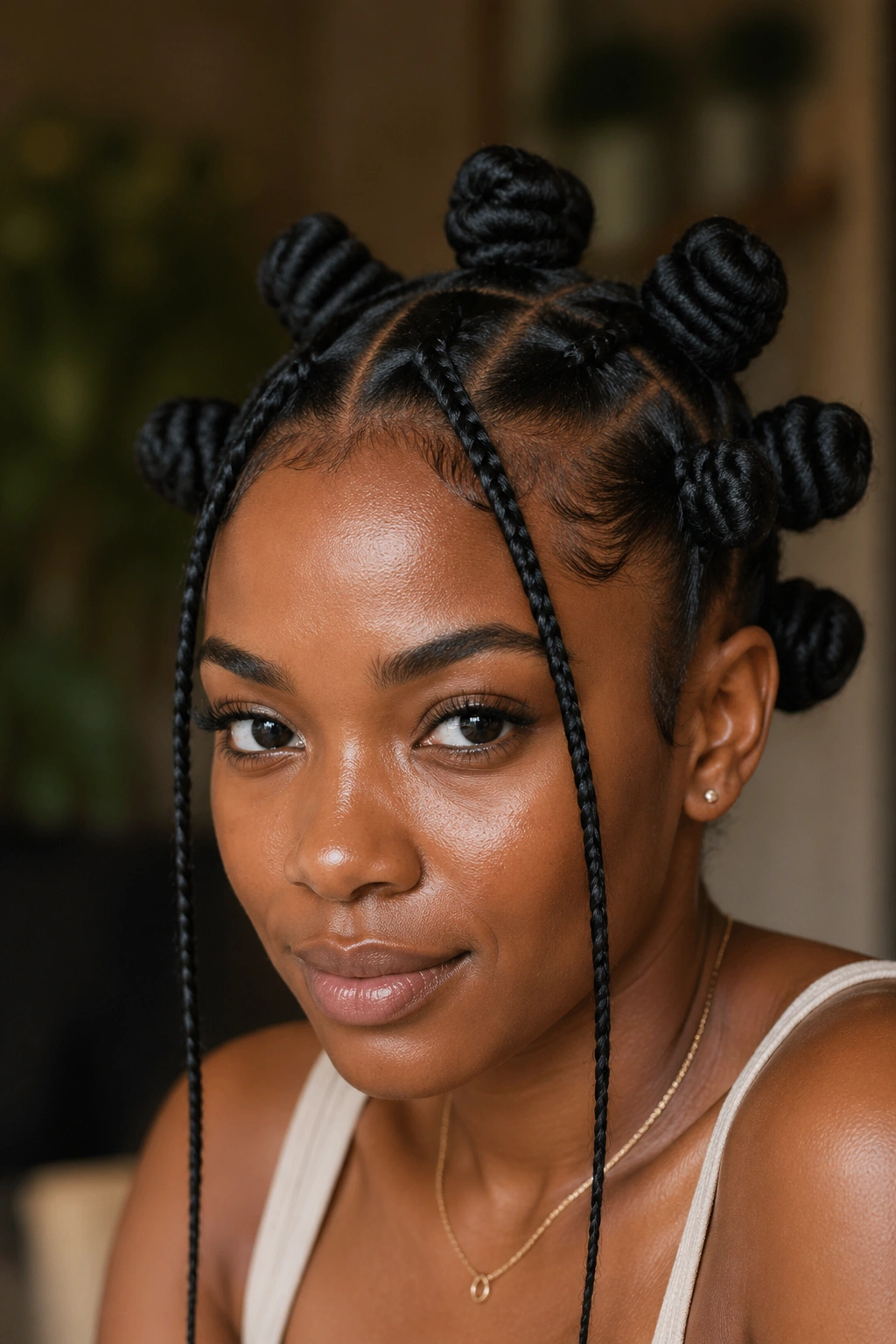Woman wearing braided-part loose Bantu knots