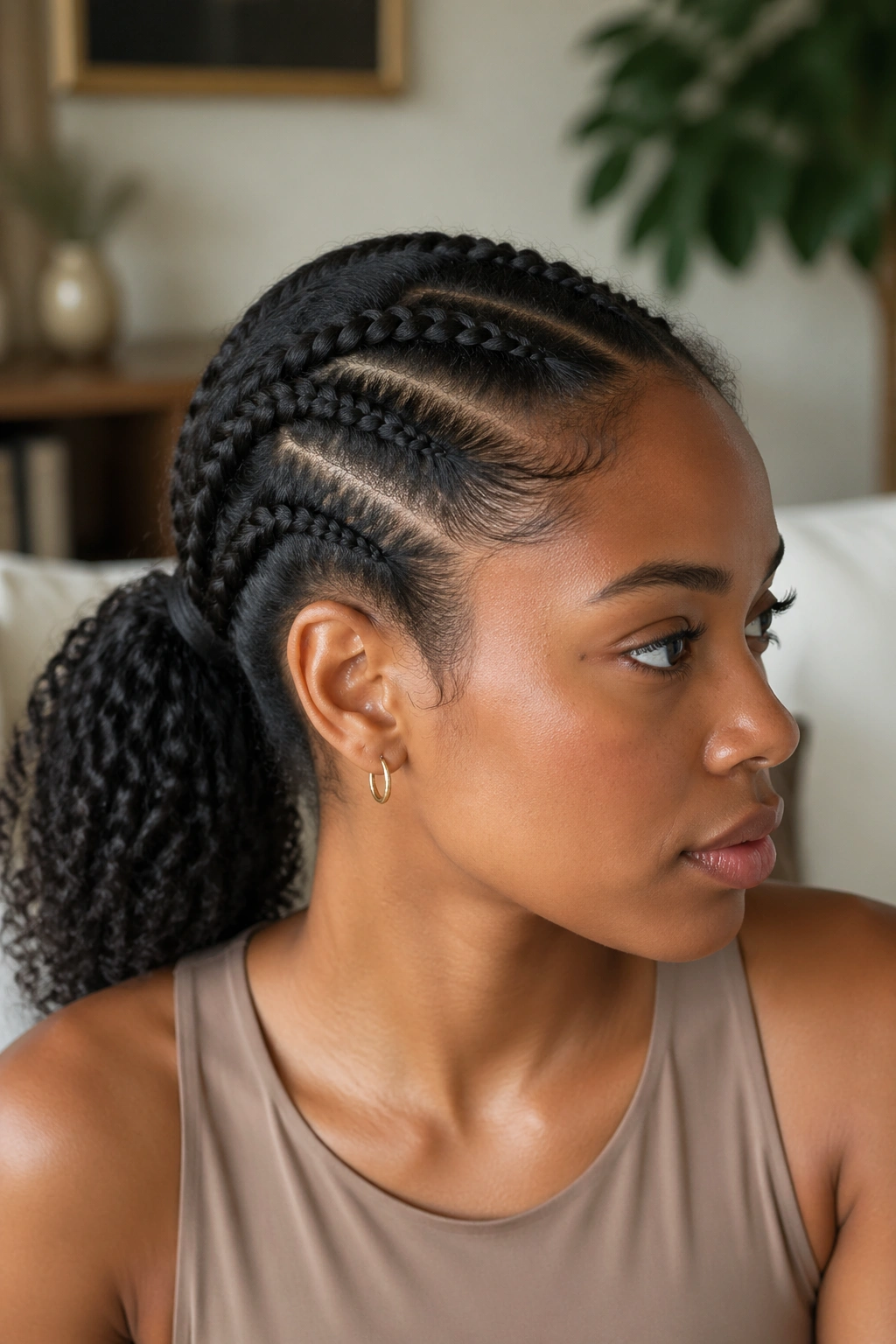 Real woman with braided base ponytail featuring multiple braids