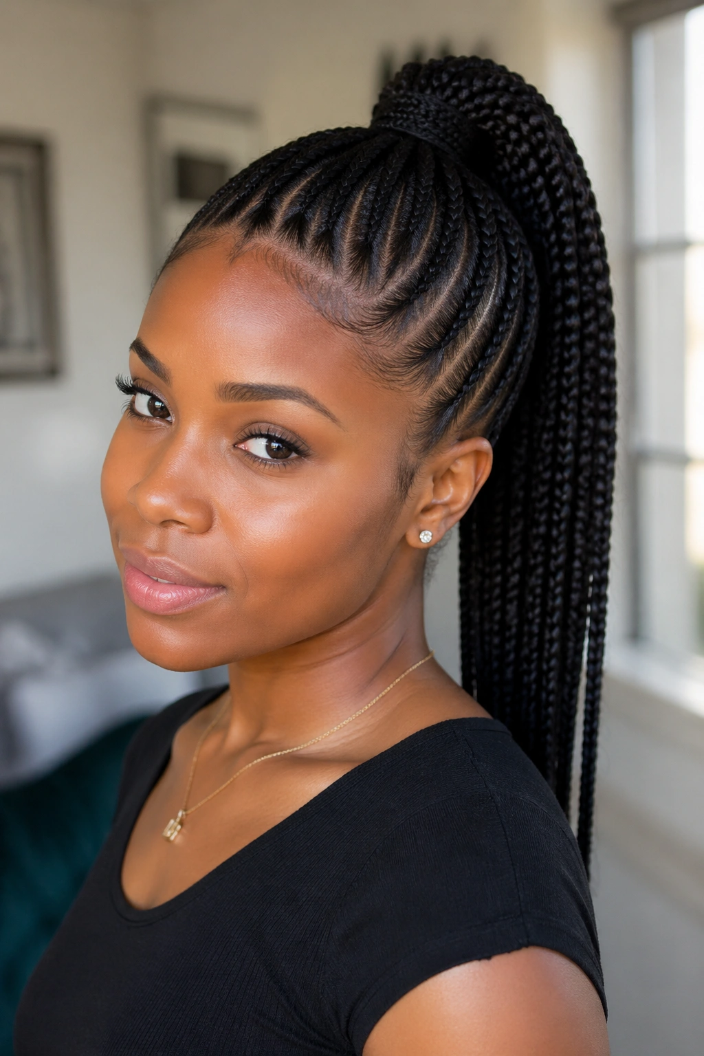 Close-up of a real woman with a high braided ponytail