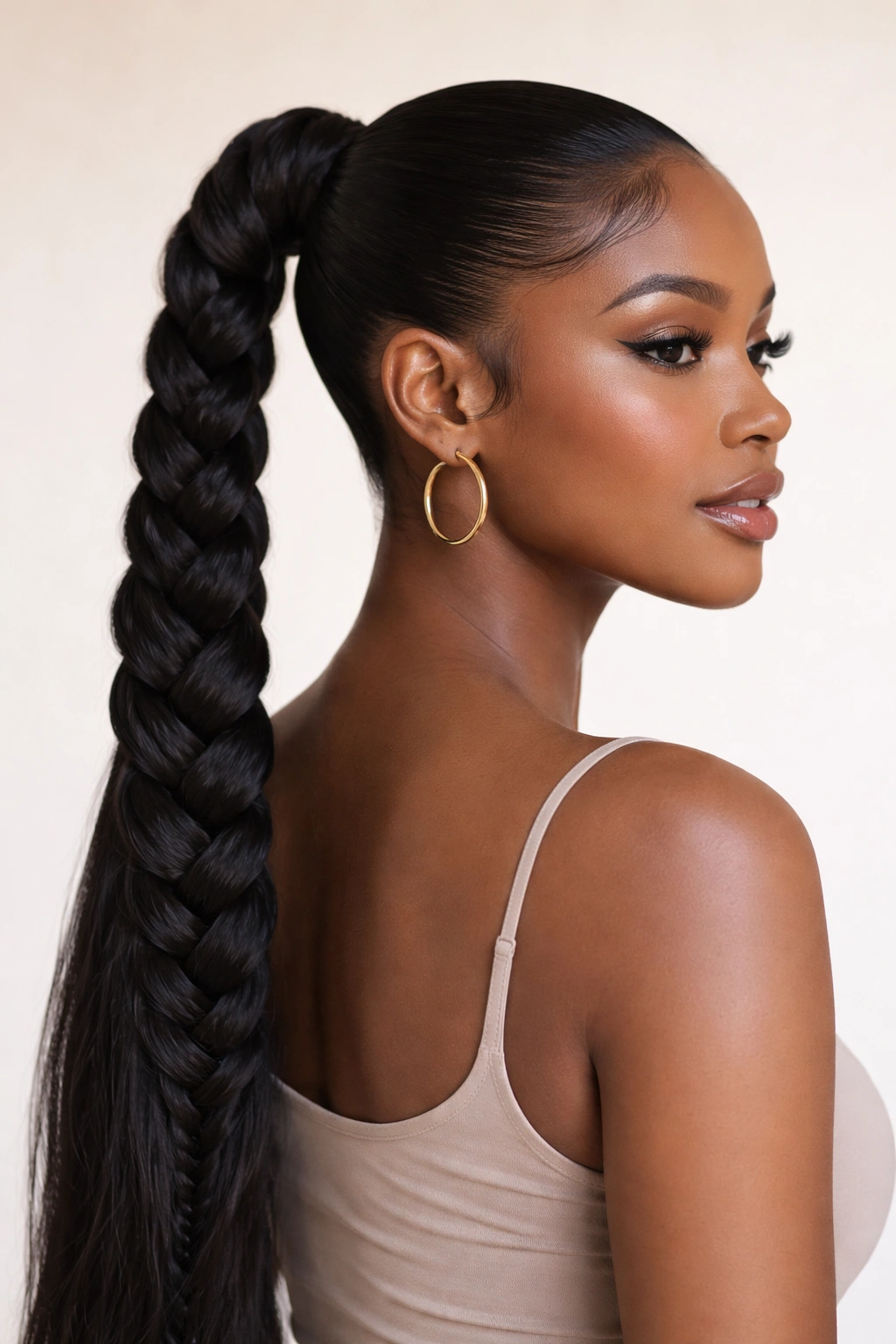 Braided ponytail with a sleek base and long glossy tail